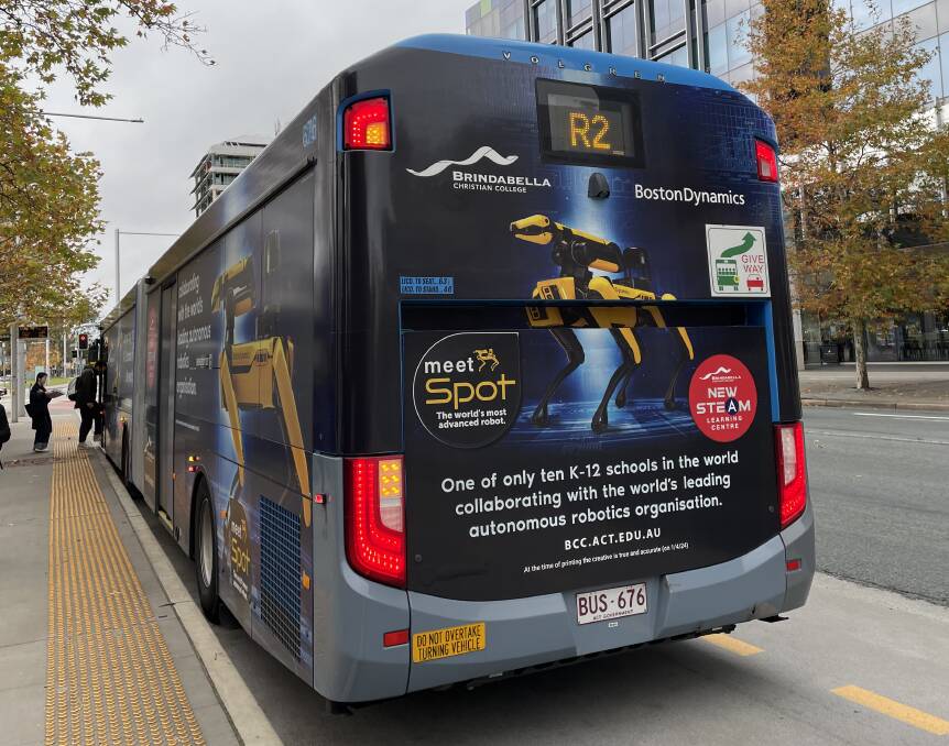 A Brindabella Christian College bus advertisement featuring the Spot robot by Boston Dynamics. Picture by Sarah Lansdown