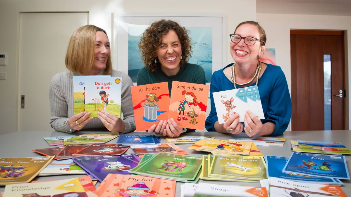Members of the ACT Alliance for Evidence-Based Education Jen Cross, Scarlett Gaffey and Jessica Del Rio are calling for the ACT to adopt a year 1 phonics check, decodable readers and literacy coaches. Picture by Elesa Kurtz