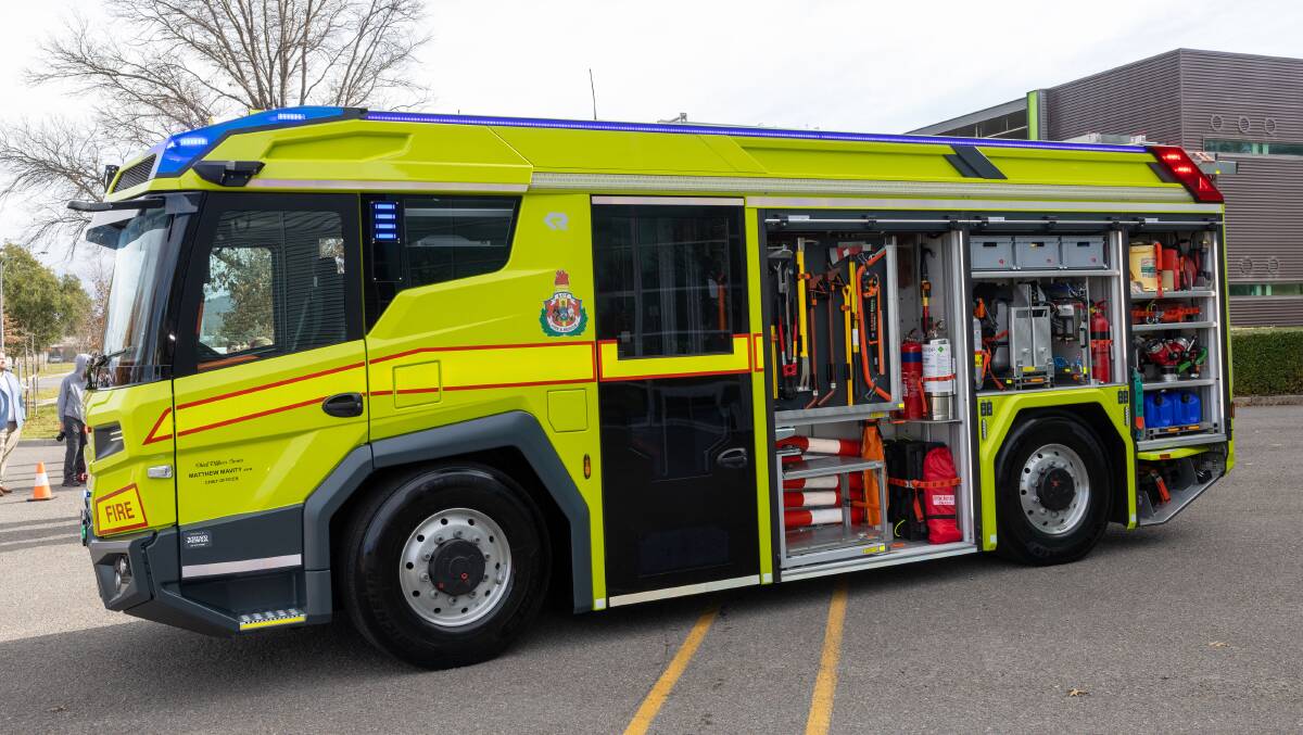 The hybrid electric fire truck on display at the Emergency Services Agency for a media launch in May 2023. Picture by Gary Ramage