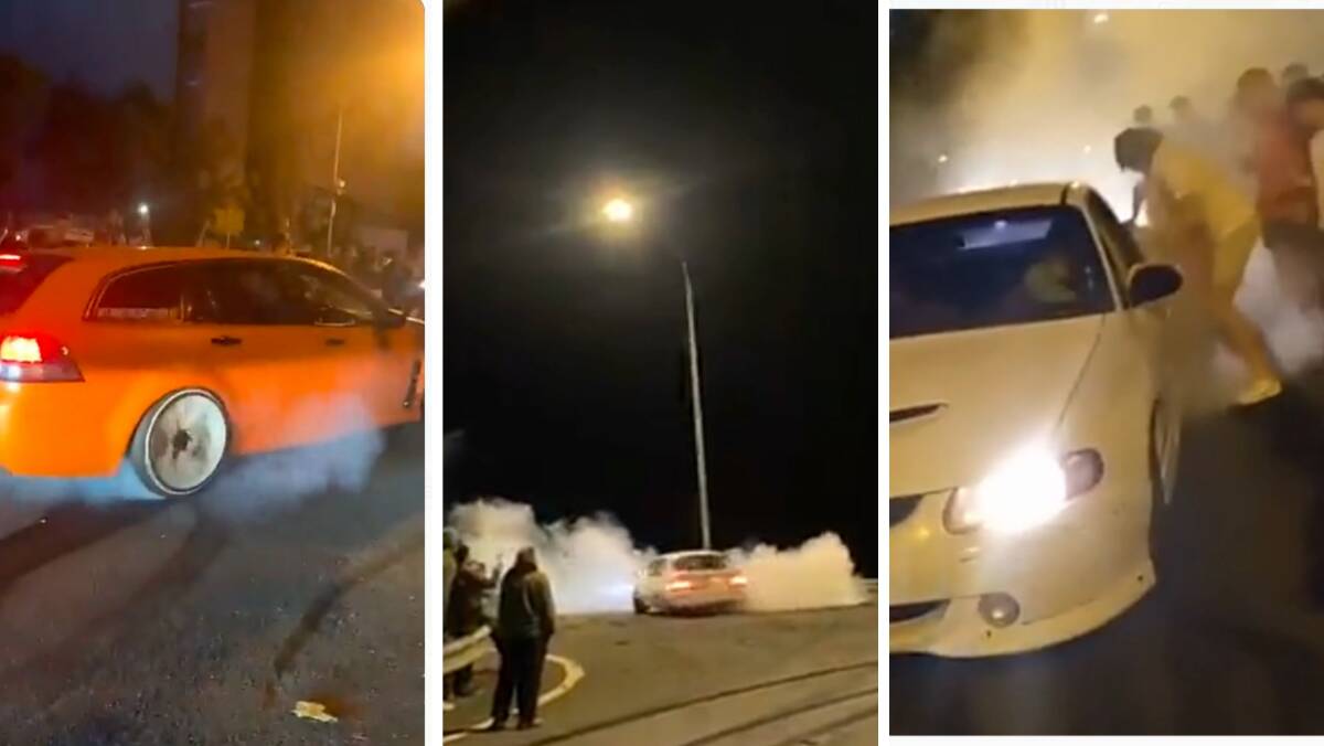 Videos posted online show cars peforming burnouts and spinning their tyres across the ACT on Friday night. Pictures: Snapchat