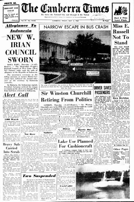 The Canberra Times front page on May 3, 1963.