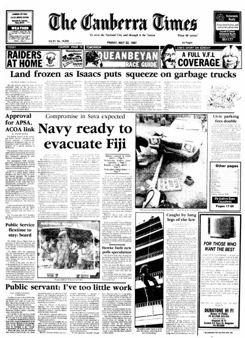 The Canberra Times front page from May 22, 1987.