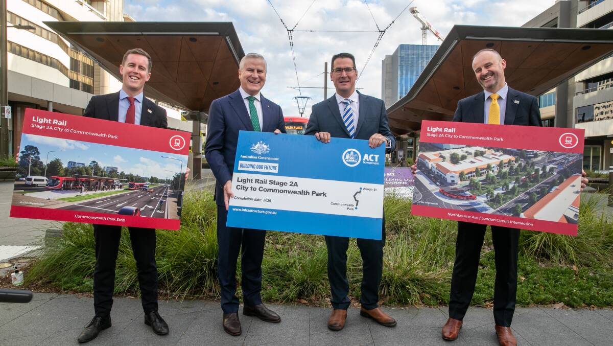 ACT Transport Minister Chris Steel, then-deputy prime minister Michael McCormack, then-senator Zed Seselja and ACT Chief Minister Andrew Barr at a light rail funding announcement in February 2021. Picture by Keegan Carroll