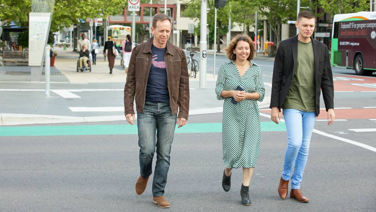 ACT Greens leader Shane Rattenbury, Greens' Housing Services Minister Rebecca Vassarotti and Greens backbencher Johnathan Davis in 2020. Picture by Sitthixay Ditthavong