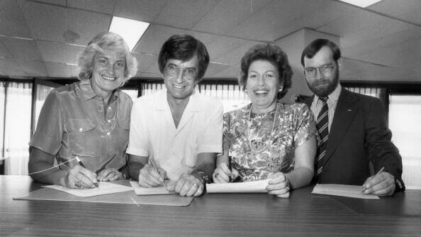 From left, the Liberal candidate for Fraser Elizabeth Grant, with Liberal candidate for Canberra Gerard Brennan and the Liberal Candidates for the Senate, Senator Margaret Reid and John Munro in February 1982. Picture by Peter Rae