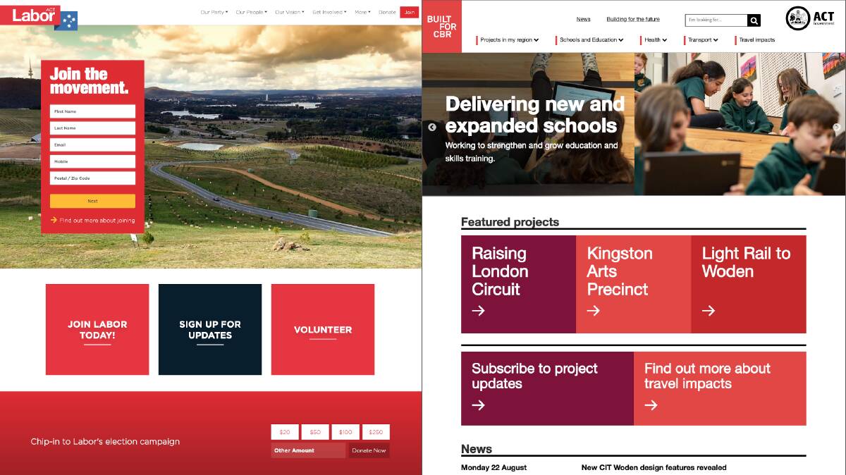 The ACT Labor website, left, and the Built for CBR website. Pictures supplied