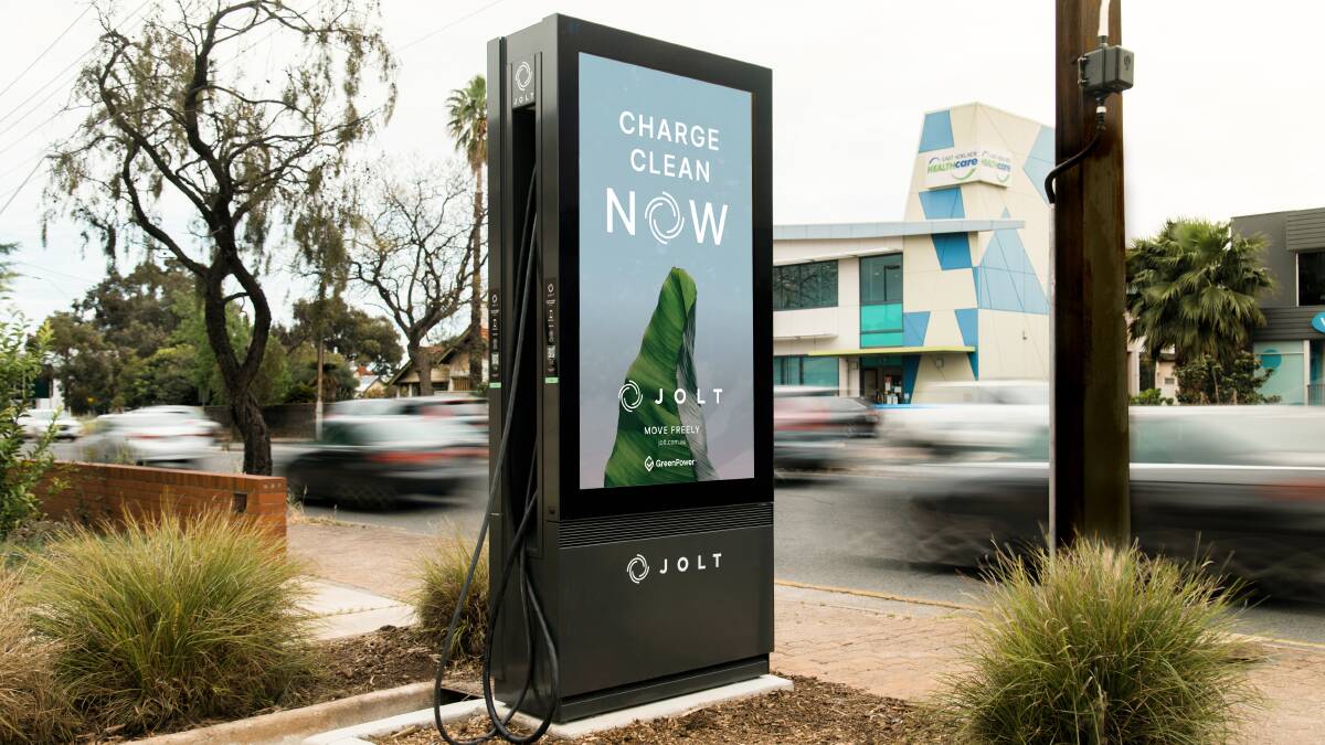 A Jolt electric vehicle charger station with a digital advertising sign. Picture supplied