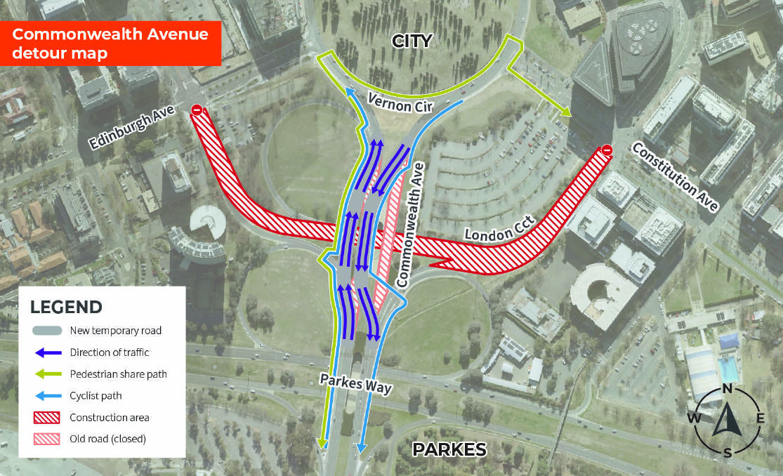 An ACT government map of the detour along Commonwealth Avenue expected to be in place from mid-August. Picture supplied