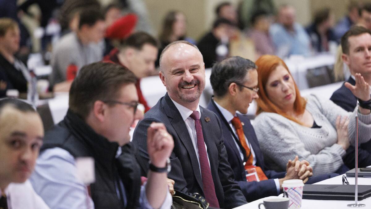 Chief Minister Andrew Barr, centre, at the 2024 ACT Labor conference on Saturday. Picture by Keegan Carroll