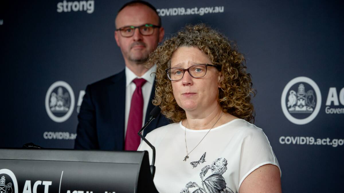 ACT Chief Health Officer Dr Kerryn Coleman, front, addresses the media after Chief Minister Andrew Barr, rear, announced Canberra would enter a lockdown on August 12, 2021. Picture by Elesa Kurtz