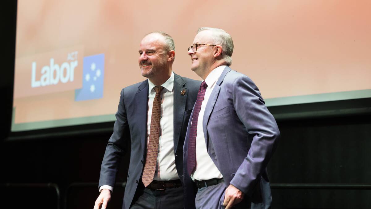 Chief Minister Andrew Barr, left, and Prime Minister Anthony Albanese at the ACT Labor party conference on Saturday. Picture by Sitthixay Ditthavong