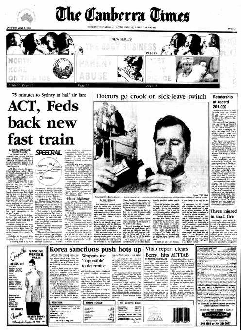 The front page of The Canberra Times on June 4, 1994.