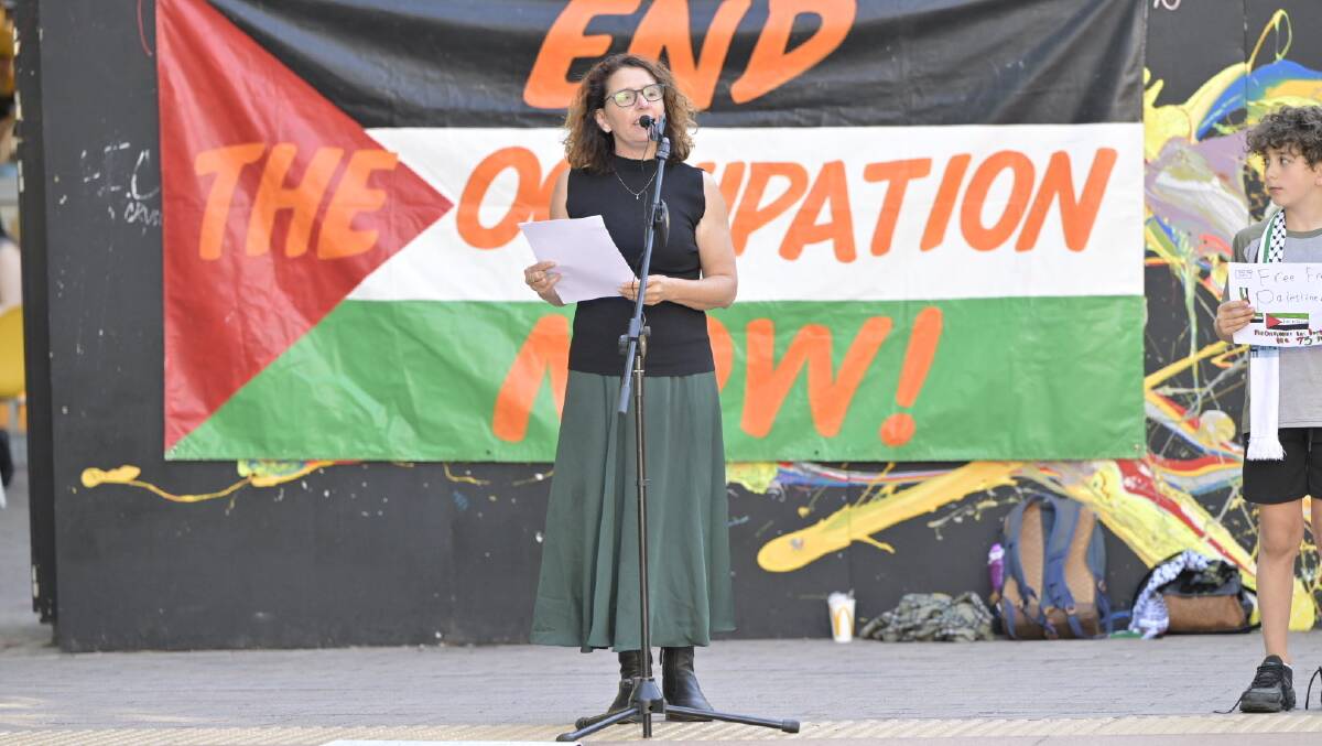 ACT Greens cabinet minister Rebecca Vassarotti speaks at a pro-Palestine rally at Garema Place on Friday. Picture by Keegan Carroll