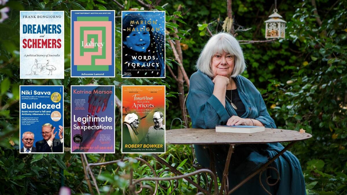 Marion Halligan, left, and the books shortlisted for the 2023 ACT Book of the Year Award, inset. Picture by Jamila Toderas
