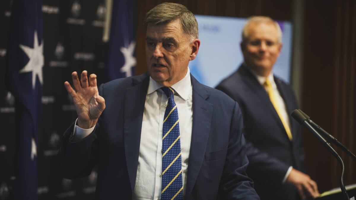 Brendan Murphy at a press conference with Prime Minister Scott Morrison in the early stages of the pandemic in 2020. Picture: Dion Georgopoulos