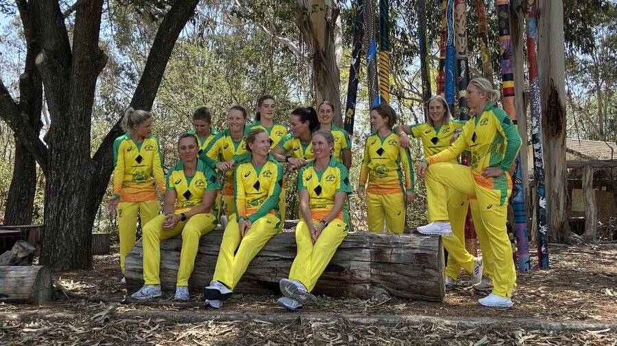 Australia's squad in the indigenous kit at Boomanulla Oval. Picture: Caden Helmers
