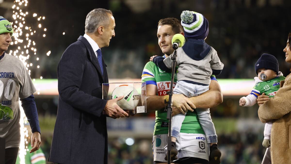 Andrew Abdo was on hand to mark Jarrod Croker's milestone at Canberra Stadium. Picture by Keegan Carroll