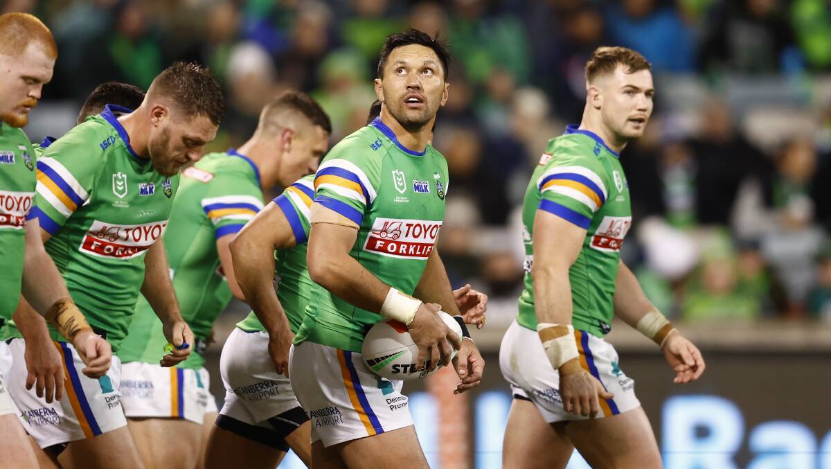 Canberra Raiders winger Jordan Rapana, second from right, is in hot water. Picture by Keegan Carroll