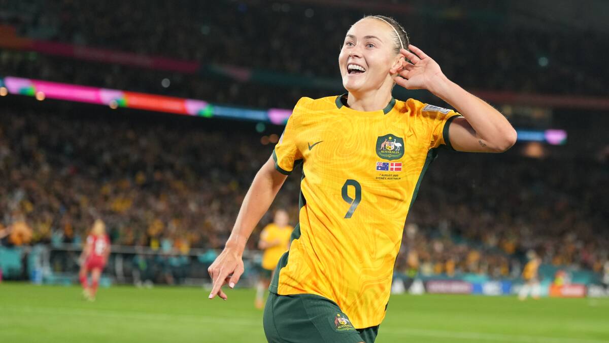 Caitlin Foord celebrates as the Matildas march into the quarter-finals. Picture Getty Images