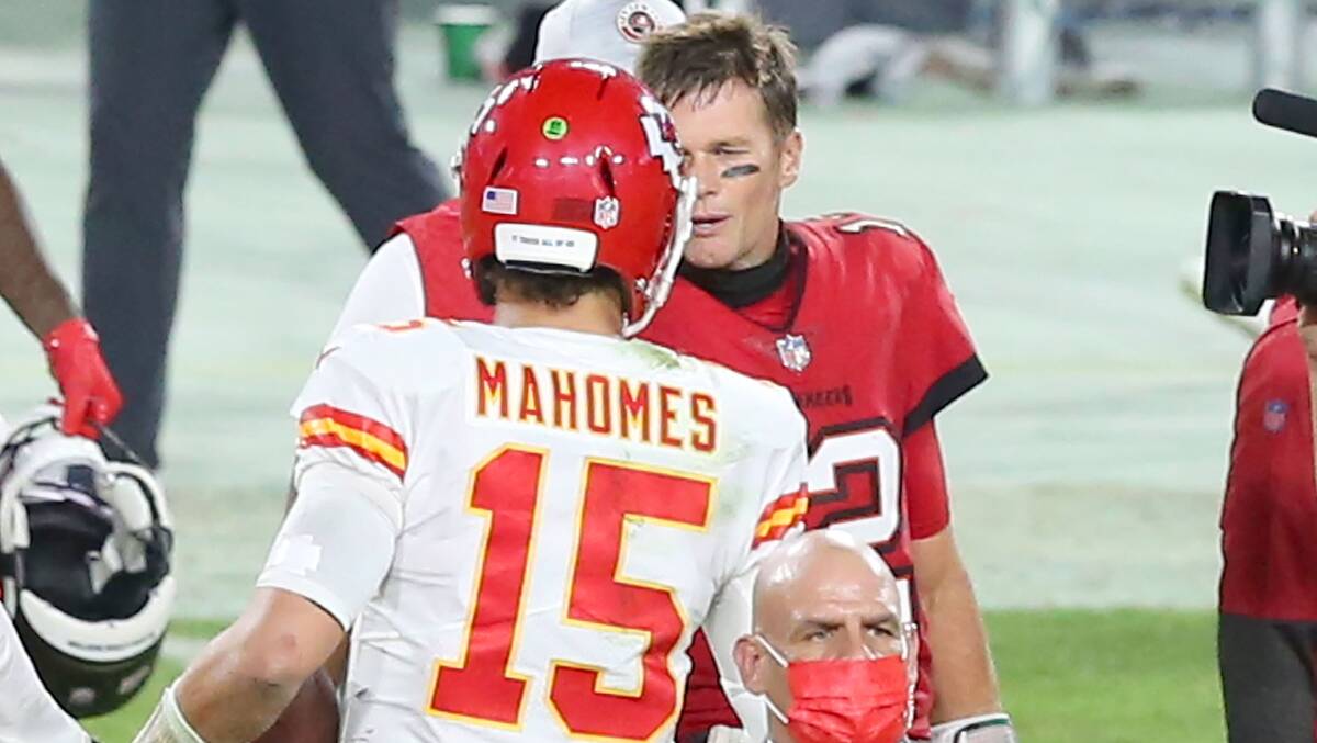 Star quarterbacks Patrick Mahomes and Tom Brady collide in the Super Bowl. Picture: Getty