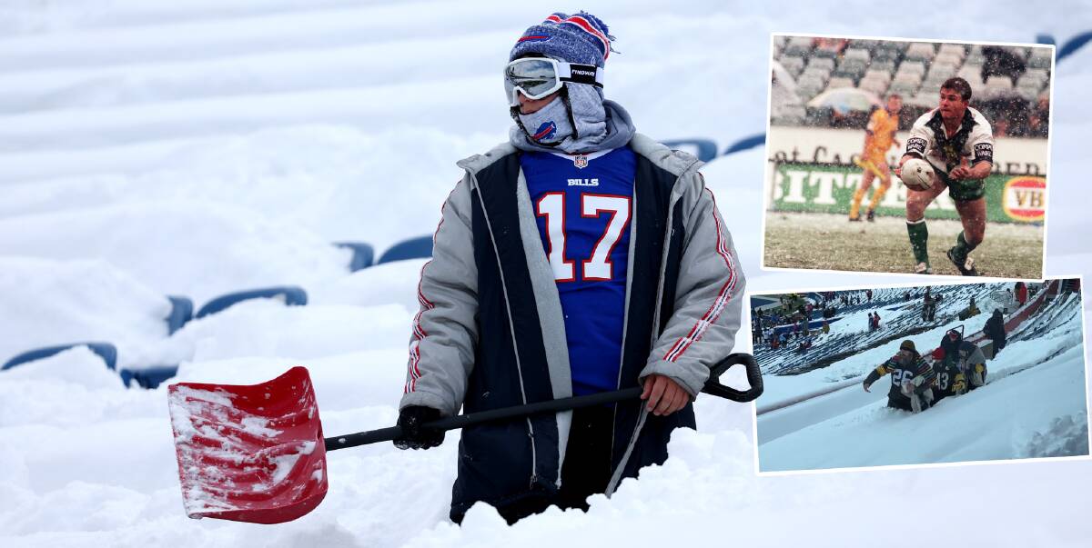 Buffalo Bills fans were shovelling snow inside the stadium just hours before an NFL playoff game. Pictures Getty Images (main)/Matthew Strand (top inset)/X (bottom inset)