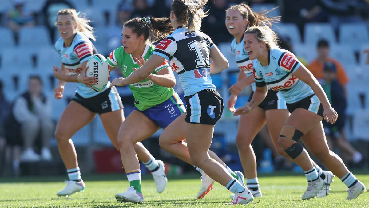 Sharks defenders were there at every turn to ruin the Raiders' first NRLW game. Picture Getty Images