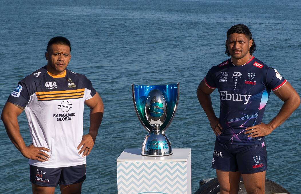 Brumbies captain Allan Alaalatoa and Rebels counterpart Rob Leota at the Super Rugby launch. Picture Getty Images