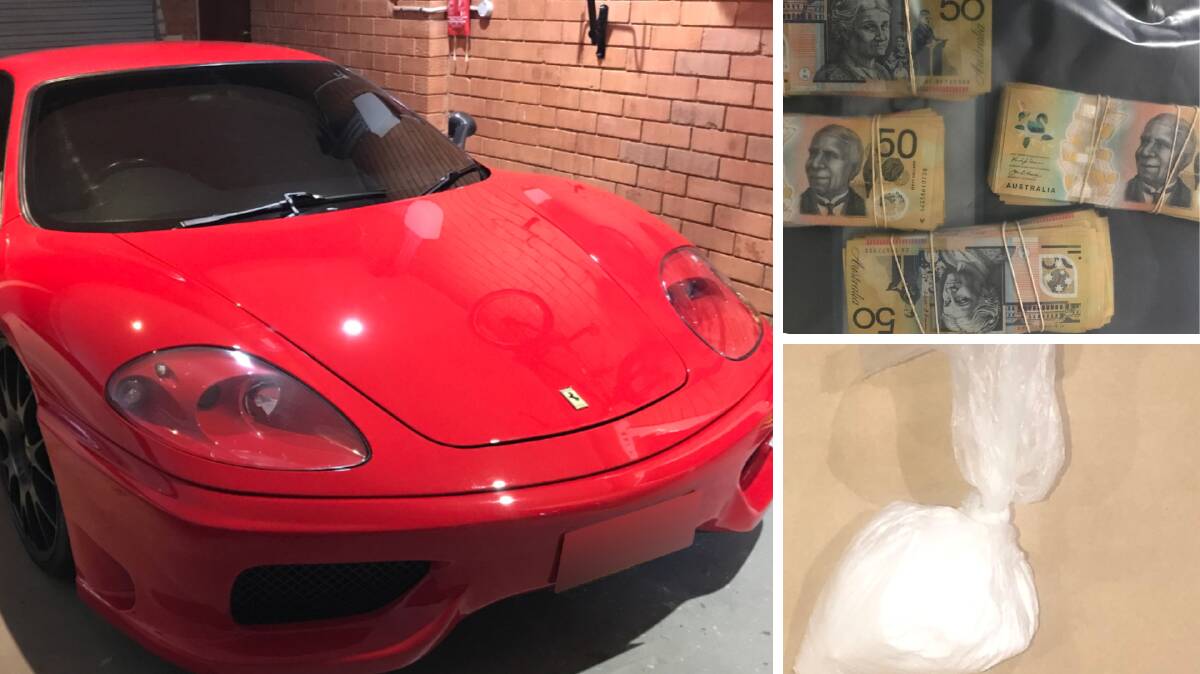 A Ferrari, cash and drugs seized by police as part of the investigation into Nicholas Kozak. Pictures ACT Policing
