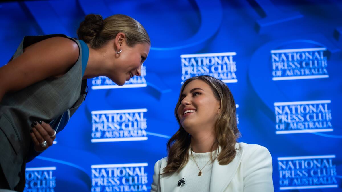 Grace Tame and Brittany Higgins at the National Press Club. Picture by Karleen Minney