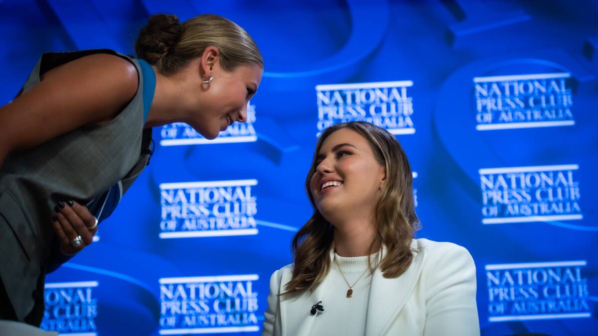 Grace Tame and Brittany Higgins speak at the National Press club Australia. Picture: Karleen Minney