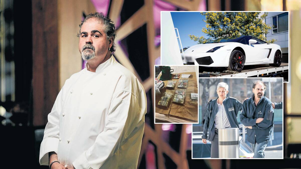 James Mussillon, chef and owner of acclaimed restaurant Courgette, under arrest in 2021, and images showing a Lamborghini and cash seized by police. Pictures by Rohan Thomson, Karleen Minney, supplied