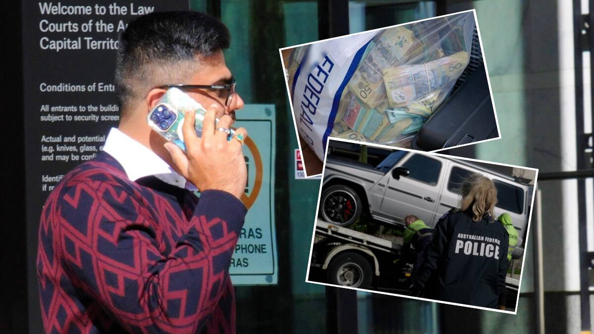 Karan Talwar outside court on Monday and, inset, cash and a car seized in his case. Pictures by Blake Foden, Australian Federal Police