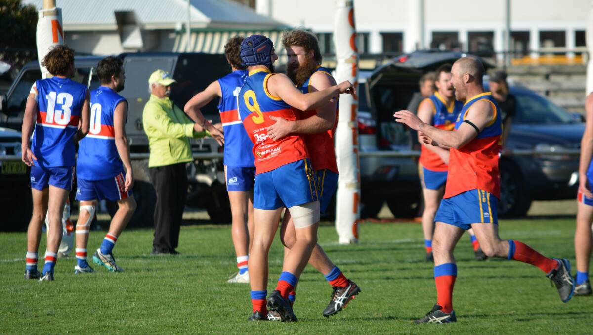 Narooma Lions celebrate another goal in their grand final victory over Merimbula on Saturday, September 2. Picture by Ben Smyth