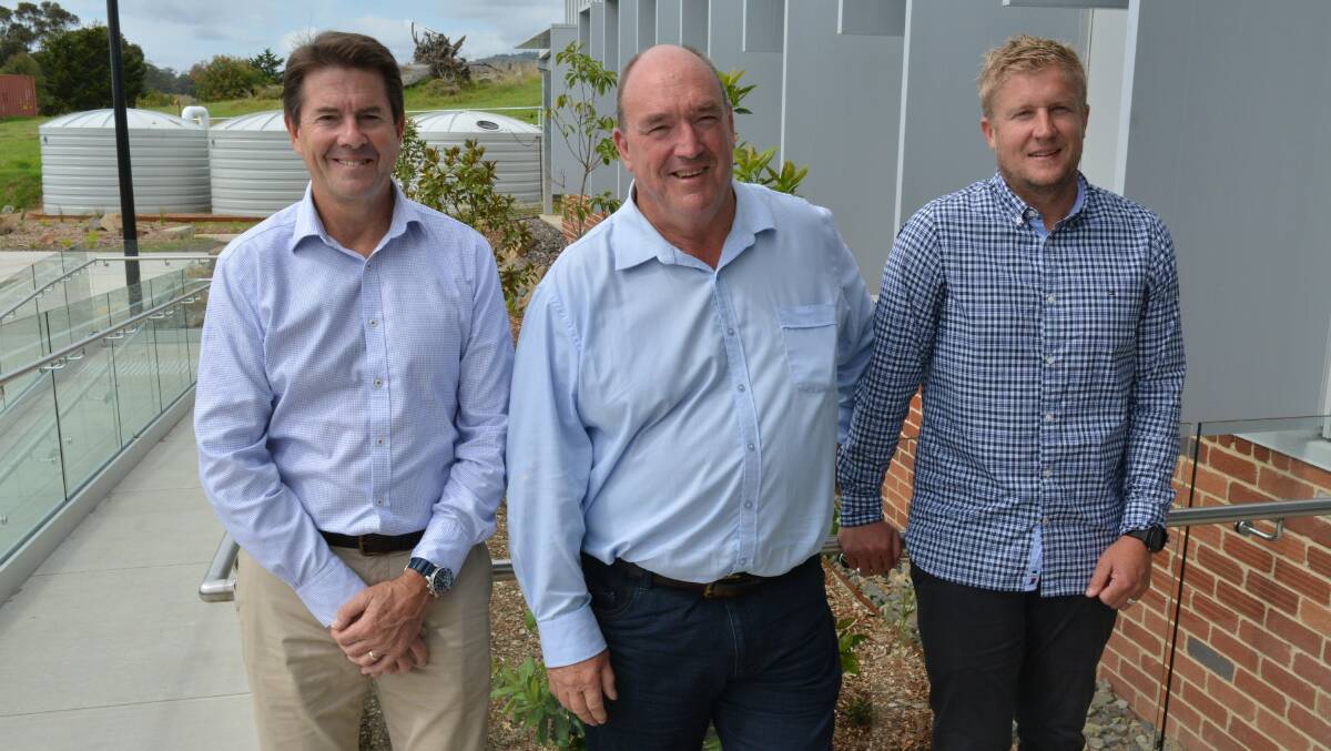 NSW Water Minister Kevin Anderson meets Mayor Russell Fitzpatrick and BVSC water and sewer services manager Steve Marshall during a visit to Bega in February. Picture by Ben Smyth