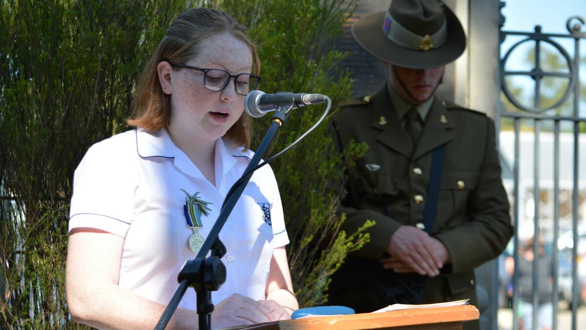 Bega High School Year 11 student Jovi Hayes gives a heartfelt address at the Bega Anzac Day service, April 25 2023. Picture by Ben Smyth