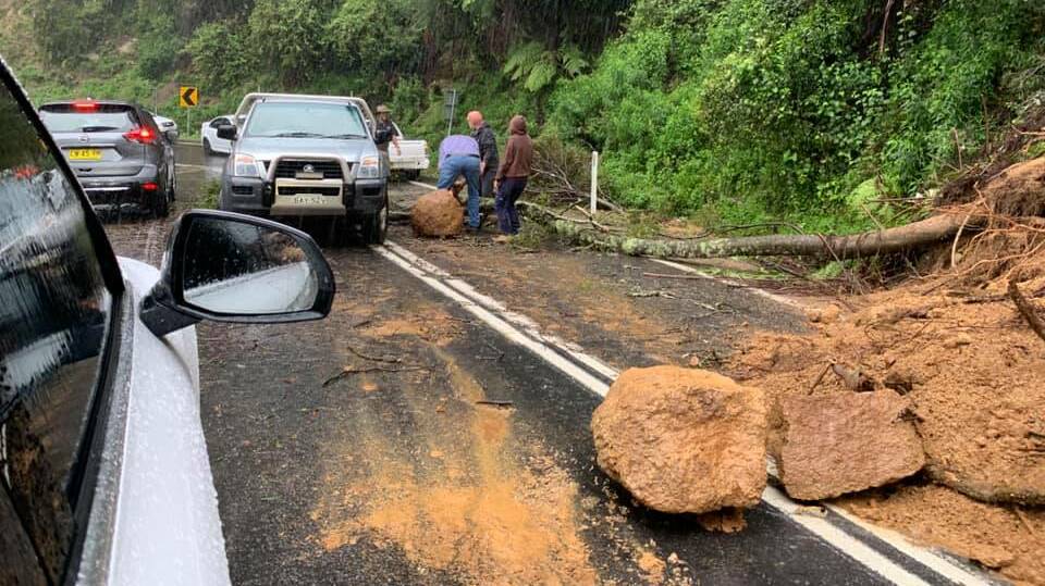 Debris blocks the Snowy Mountains Highway on Brown Mountain after heavy rain caused a landslip in 2020. Photo: Mitchell Nadin