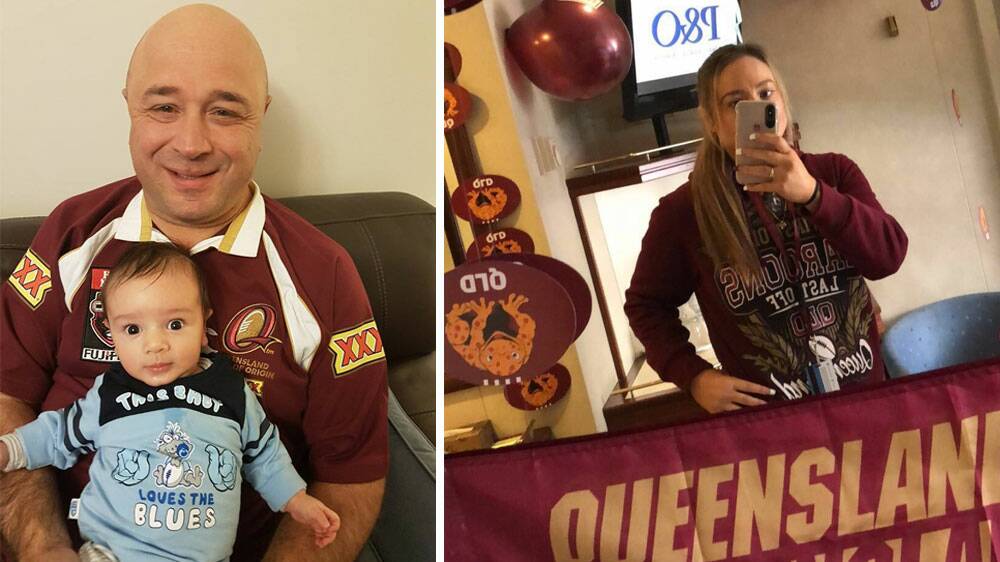 Queensland fan Theo Dimarhos with baby Joey, left, and Michelle Cooper on a State of Origin cruise. She decked her room out in her favourite colour: maroon. 
