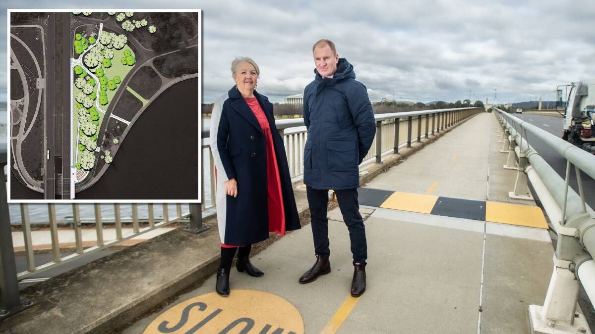 National Capital Authority chief executive Sally Barnes with bridge renewal project director Greg Tallentire on the Commonwealth Avenue bridge in June 2022. Picture by Karleen Minney
