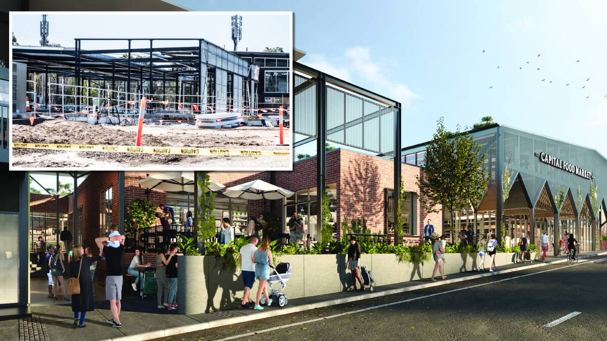 A render of the new Capital Food Market under construction in Belconnen and, inset, their current state. Pictures supplied, Karleen Minney