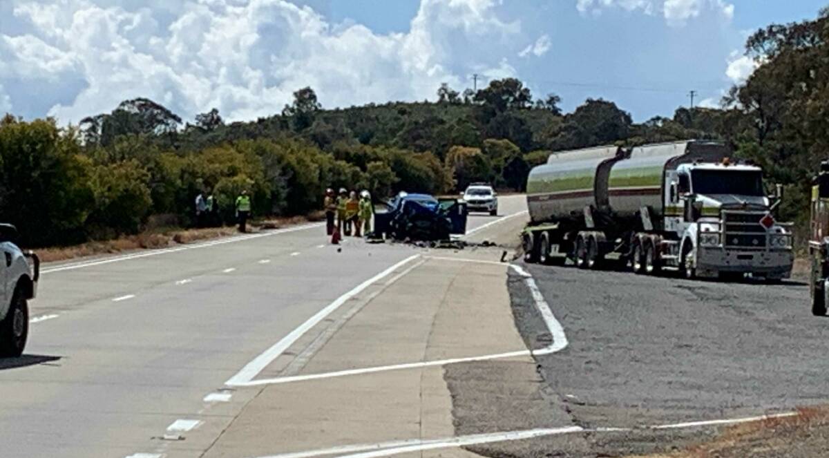 The crash involved a twin cab ute and a B-double fuel tanker. Picture by Peter Brewer