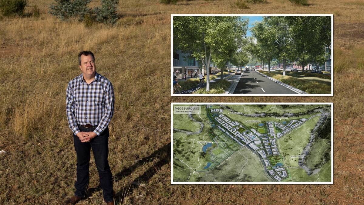 The Suburban Land Agency's Simon Tennent at the site of the future Molonglo town centre, insets. Pictures by Gary Ramage, supplied