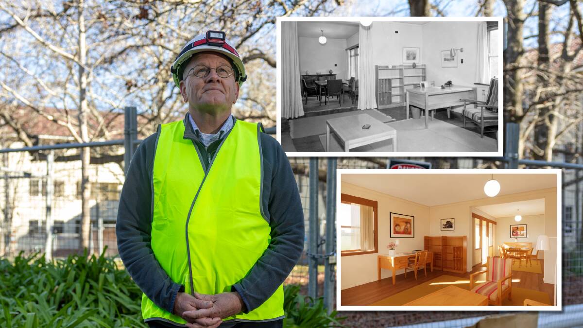 University House master Peter Kanowski at the site and what the rooms used to look like, inset top, and an artist's impression of how they will soon look. Pictures by Gary Ramage, supplied
