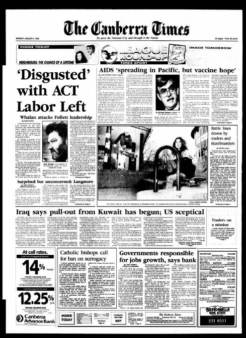 The front page of The Canberra Times on August 6, 1990.