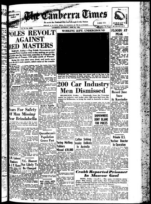 The front page of The Canberra Times on June 30, 1956.