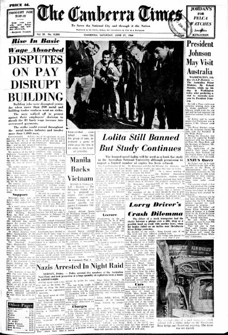The Canberra Times' front page on June 27, 1964.