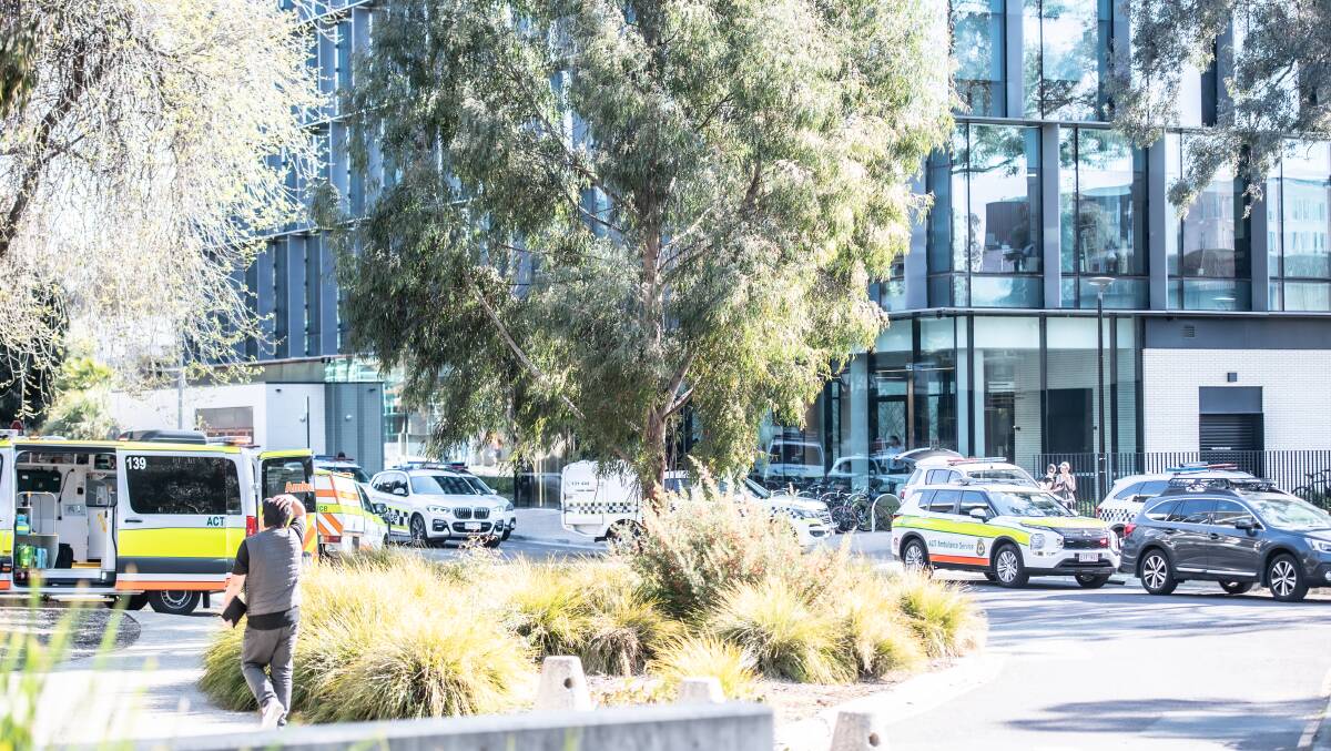 Police and emergency services on scene at ANU on Monday. Picture by Karleen Minney