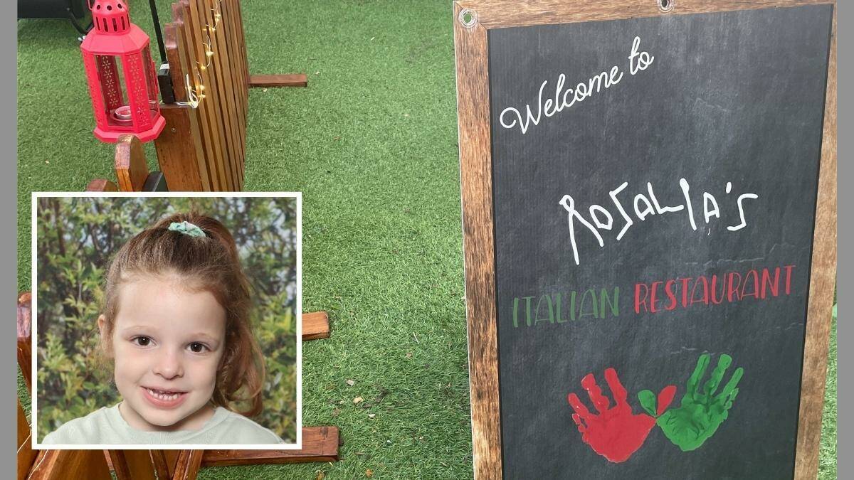 The sign for the restaurant includes her handprints along with her name, as written by her. Inset: Rozalia Spadafora. Pictures by Lucy Bladen, supplied 
