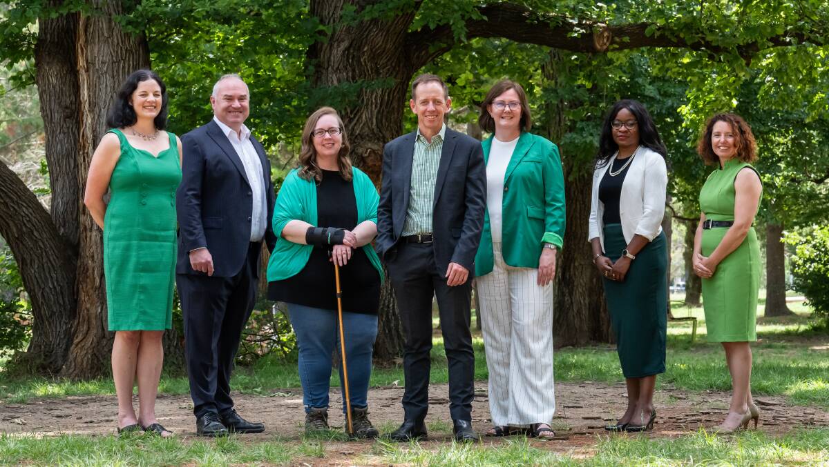 ACT Greens lead candidates for the 2024 election. Jo Clay, Andrew Braddock, Sam Nugent, Shane Rattenbury, Adele Sinclair, Soelily Consen-Lynch and Rebecca Vassarotti. Picture by Elesa Kurtz