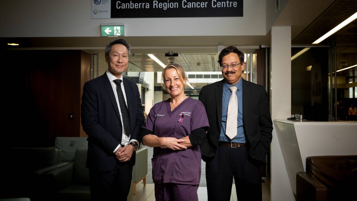 Canberra Hospital oncologist Desmond Yip, palliative care nurse practitioner Kate Reed and haematologist Nalini Pati. Picture by Elesa Kurtz