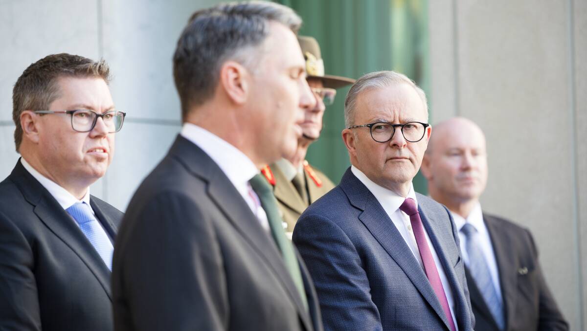 Defence Industry Minister Pat Conroy, Defence Minister Richard Marles, Chief of the Defence Force Angus Campbell, Prime Minister Anthony Albanese and Defence Secretary Greg Moriarty launch the Defence Strategic Review on Monday. Picture by Sitthixay Ditthavong